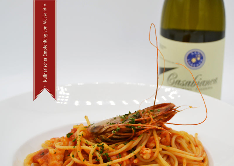 Kulinarische Empfehlung von Alessandro | Hauptgericht: Spaghetti mit Riesengarnelenragout in Tomaten-Cognacsosse.